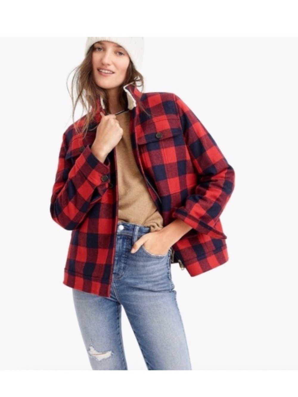 J Crew Buffalo Check Wool coat with Sherpa collar